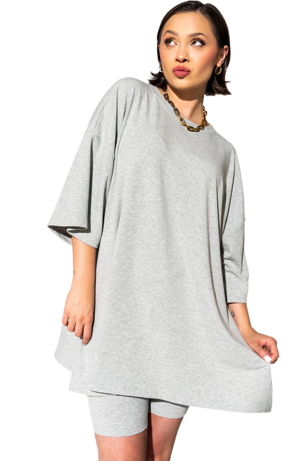 Women's Light Grey Solid Color Loose Tunic Top and Slim Shorts Set - Main View Women's Light Grey Solid Color Loose Tunic Top and Slim Shorts Set - Main View