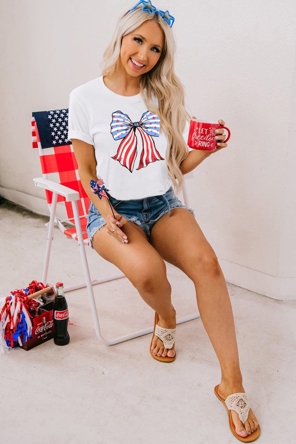Graphic Print Tee: White Stripes and Stars Bowknot Design - Detail View 8 Graphic Print Tee: White Stripes and Stars Bowknot Design - Detail View 8