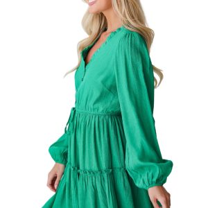 Women's Sea Green Frilly V-Neck Puff Sleeve Drawstring Shift Mini Dress - Main View