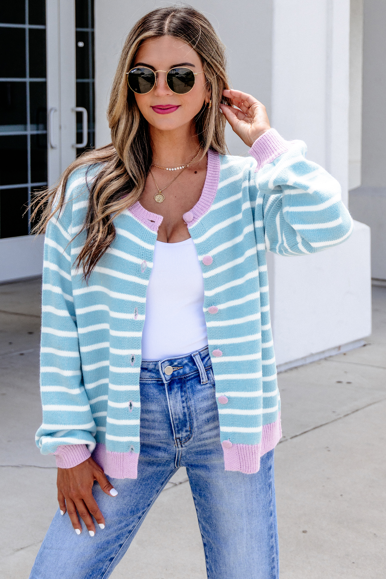 Casual Fall Striped Cardigan, Soft Button Front Knit Layer - Detail View 6 Casual Fall Striped Cardigan, Soft Button Front Knit Layer - Detail View 6