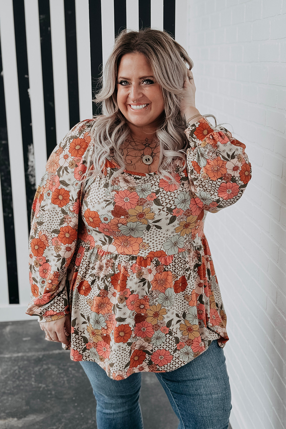 Plus Size Khaki Floral Square Neck Peplum Blouse - Detail View 6 Plus Size Khaki Floral Square Neck Peplum Blouse - Detail View 6