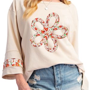 Women's Beige Flower Patch Graphic Exposed Seam Wide Sleeve Top - Main View