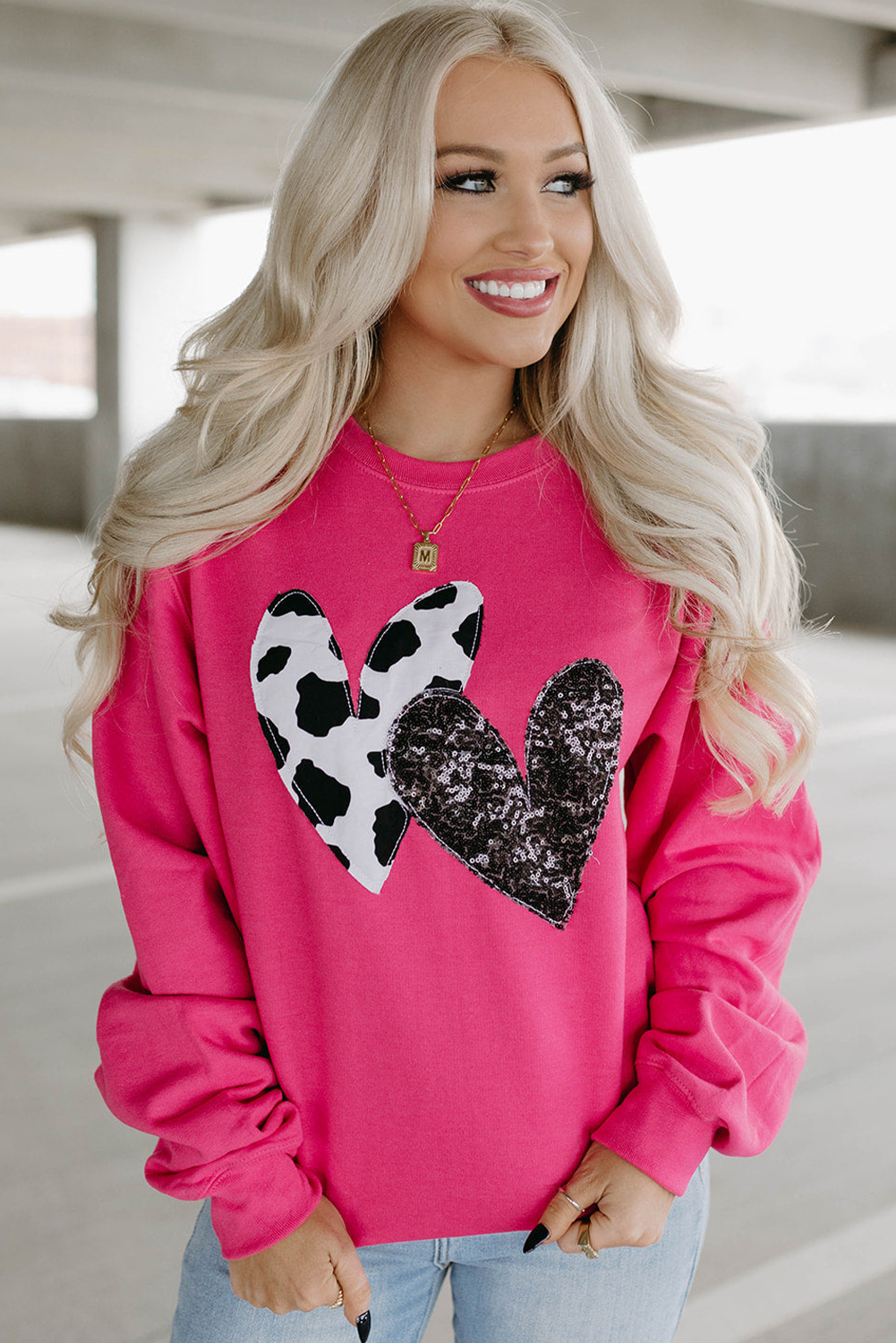 Women's Strawberry Pink Sweatshirt, Sequin Heart Graphic - Detail View 7 Women's Strawberry Pink Sweatshirt, Sequin Heart Graphic - Detail View 7