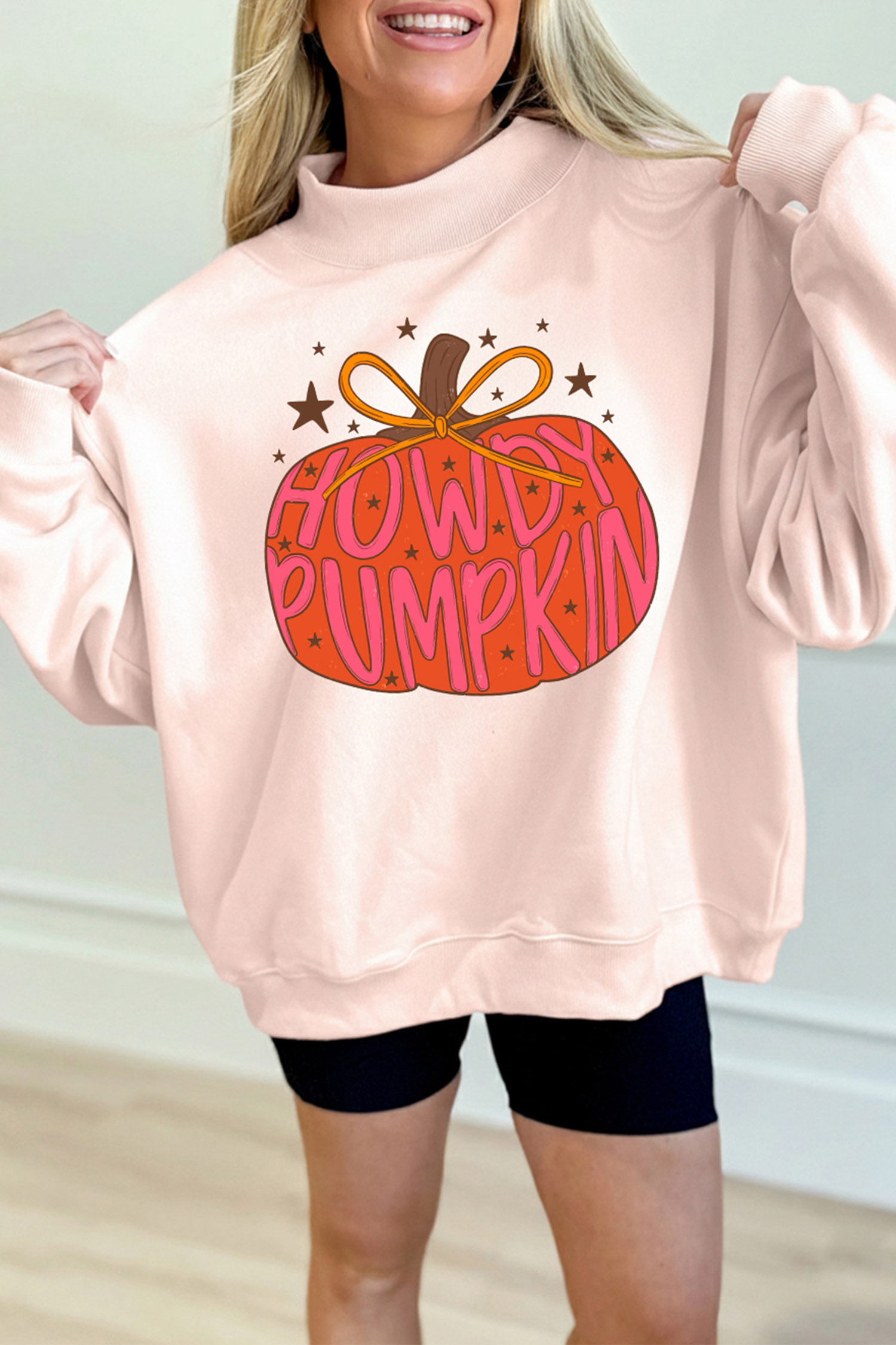 Women's Autumn Pumpkin Graphic Top, Long Sleeve Mock Neck - Detail View 3 Women's Autumn Pumpkin Graphic Top, Long Sleeve Mock Neck - Detail View 3