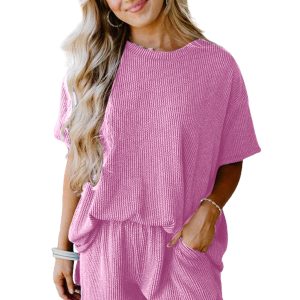 Women's Ribbed Knit Loungewear Set, Casual Summer Two Piece - Main View