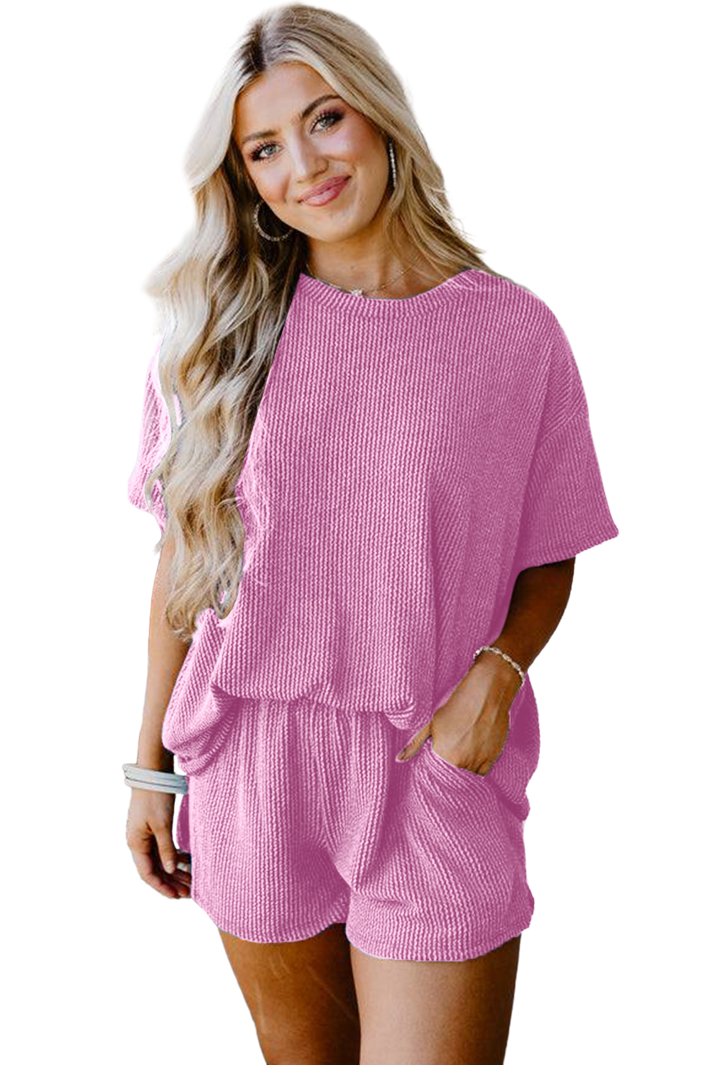 Women's Ribbed Knit Loungewear Set, Casual Summer Two Piece - Main View Women's Ribbed Knit Loungewear Set, Casual Summer Two Piece - Main View