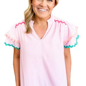 Feminine Spring Blouse: Bohemian-Pink Stripe with Ric-Rac Trim and Ruffled Sleeves - Main View