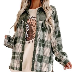 Women's Blackish Green Snap Buttons Colorblock Plaid Shacket - Main View