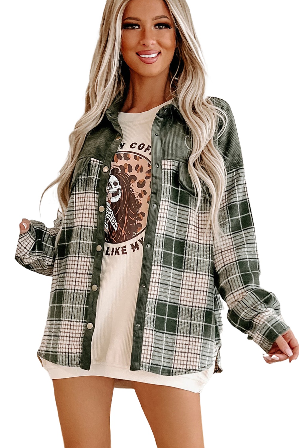 Women's Blackish Green Snap Buttons Colorblock Plaid Shacket - Main View Women's Blackish Green Snap Buttons Colorblock Plaid Shacket - Main View