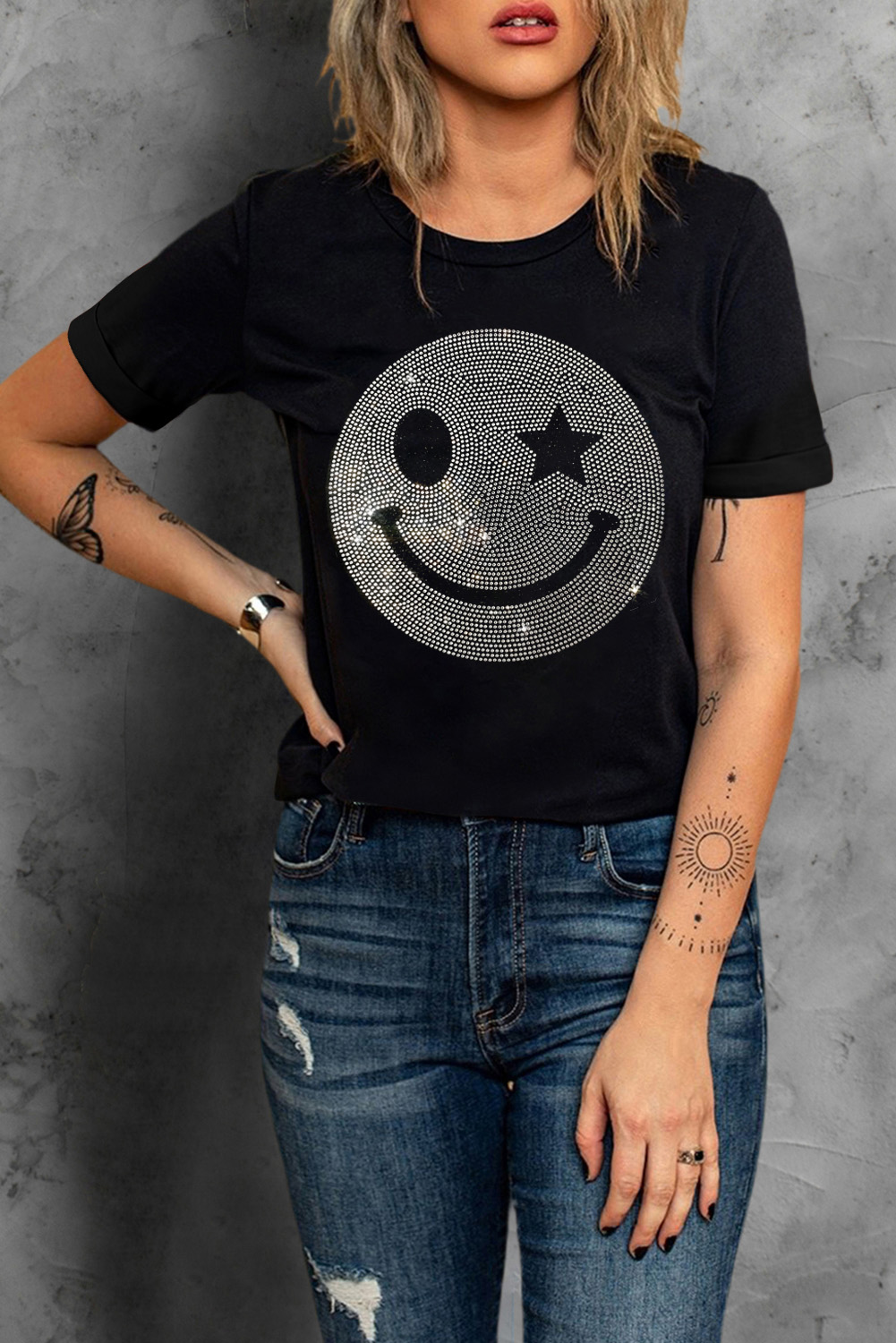 Women's Black Sparkle Rhinestone Smile Face Graphic T-Shirt - Detail View 6 Women's Black Sparkle Rhinestone Smile Face Graphic T-Shirt - Detail View 6