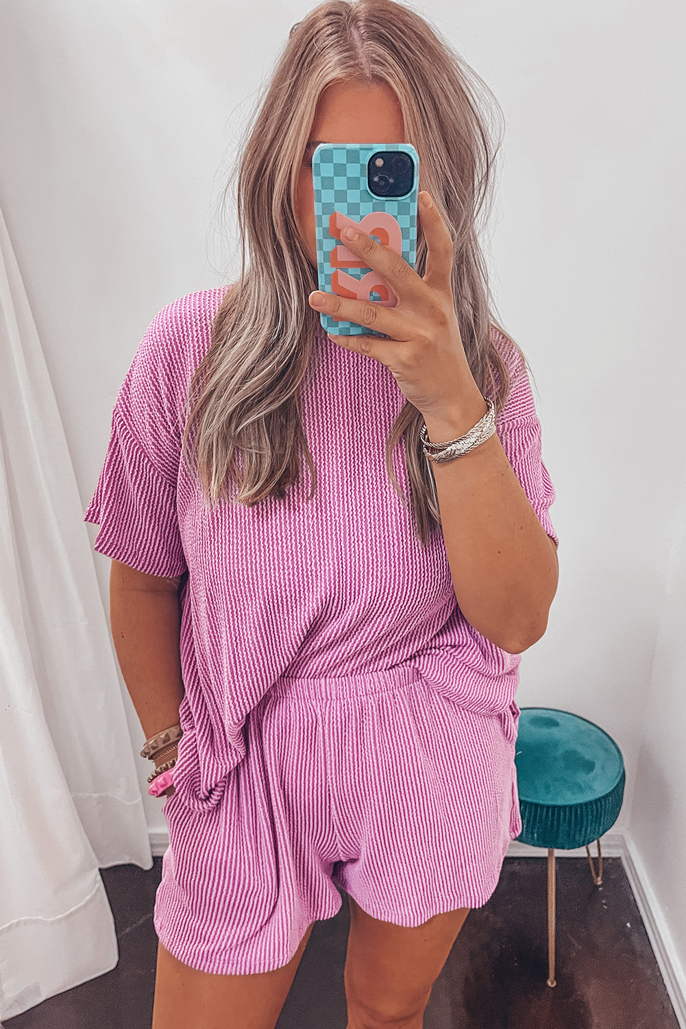 Phalaenopsis Pink Knit Short Set, Relaxed Women's Daily Wear - Detail View 8 Phalaenopsis Pink Knit Short Set, Relaxed Women's Daily Wear - Detail View 8