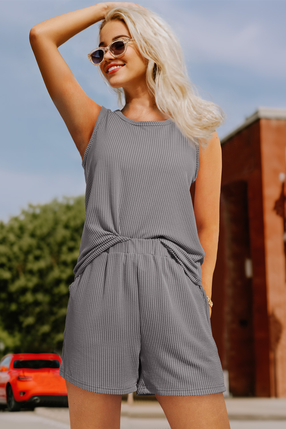 Grey Ribbed Short Set, Versatile Sleeveless Casual Summer Top - Detail View 6 Grey Ribbed Short Set, Versatile Sleeveless Casual Summer Top - Detail View 6