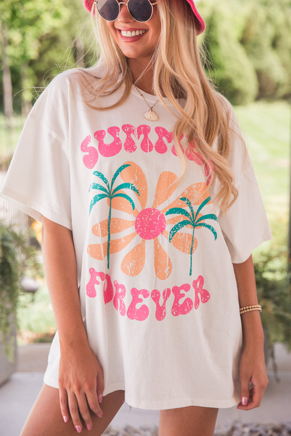Eye-Catching White Graphic T-Shirt with Summer Forever Motif - Floral Print - Detail View 7 Eye-Catching White Graphic T-Shirt with Summer Forever Motif - Floral Print - Detail View 7