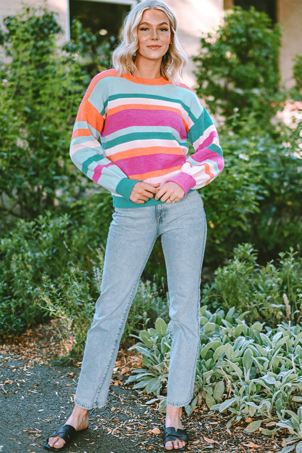 Vibrant Striped Drop Shoulder Sweater, Women's Cozy Knitwear - Detail View 6 Vibrant Striped Drop Shoulder Sweater, Women's Cozy Knitwear - Detail View 6