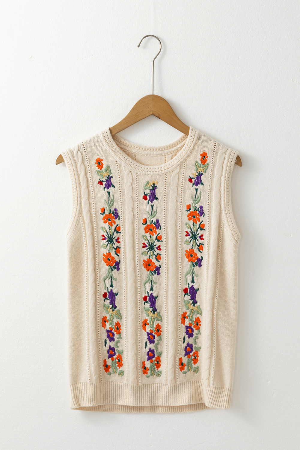 Women's Jet Stream Embroidered Floral Cable Knit Sweater Vest for Elegant Layering - Detail View 13 Women's Jet Stream Embroidered Floral Cable Knit Sweater Vest for Elegant Layering - Detail View 13