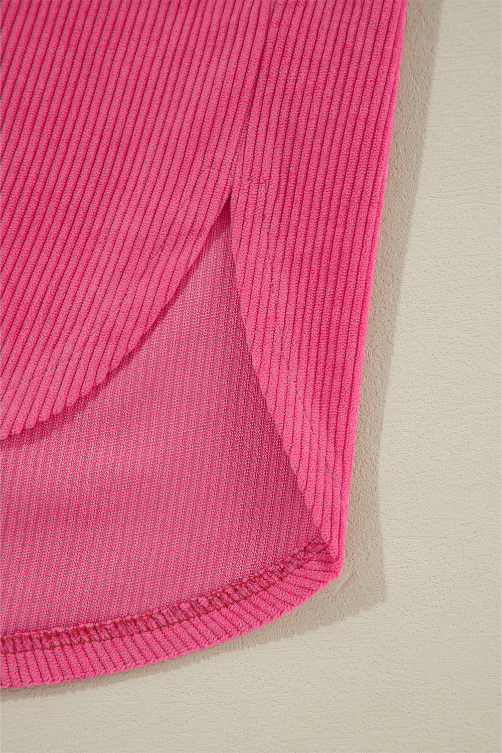 Stylish Long Sleeve Corduroy Shacket: Rose Red Colorblock Design - Detail View 12 Stylish Long Sleeve Corduroy Shacket: Rose Red Colorblock Design - Detail View 12