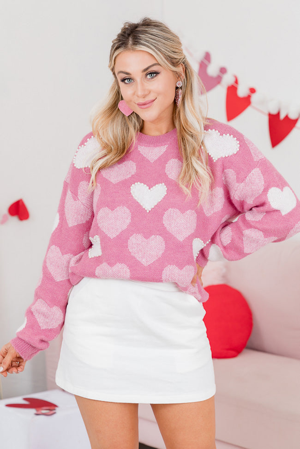 Stylish Valentine's Day Crew Neck Sweater with Adorable Heart Prints - Detail View 2 Stylish Valentine's Day Crew Neck Sweater with Adorable Heart Prints - Detail View 2