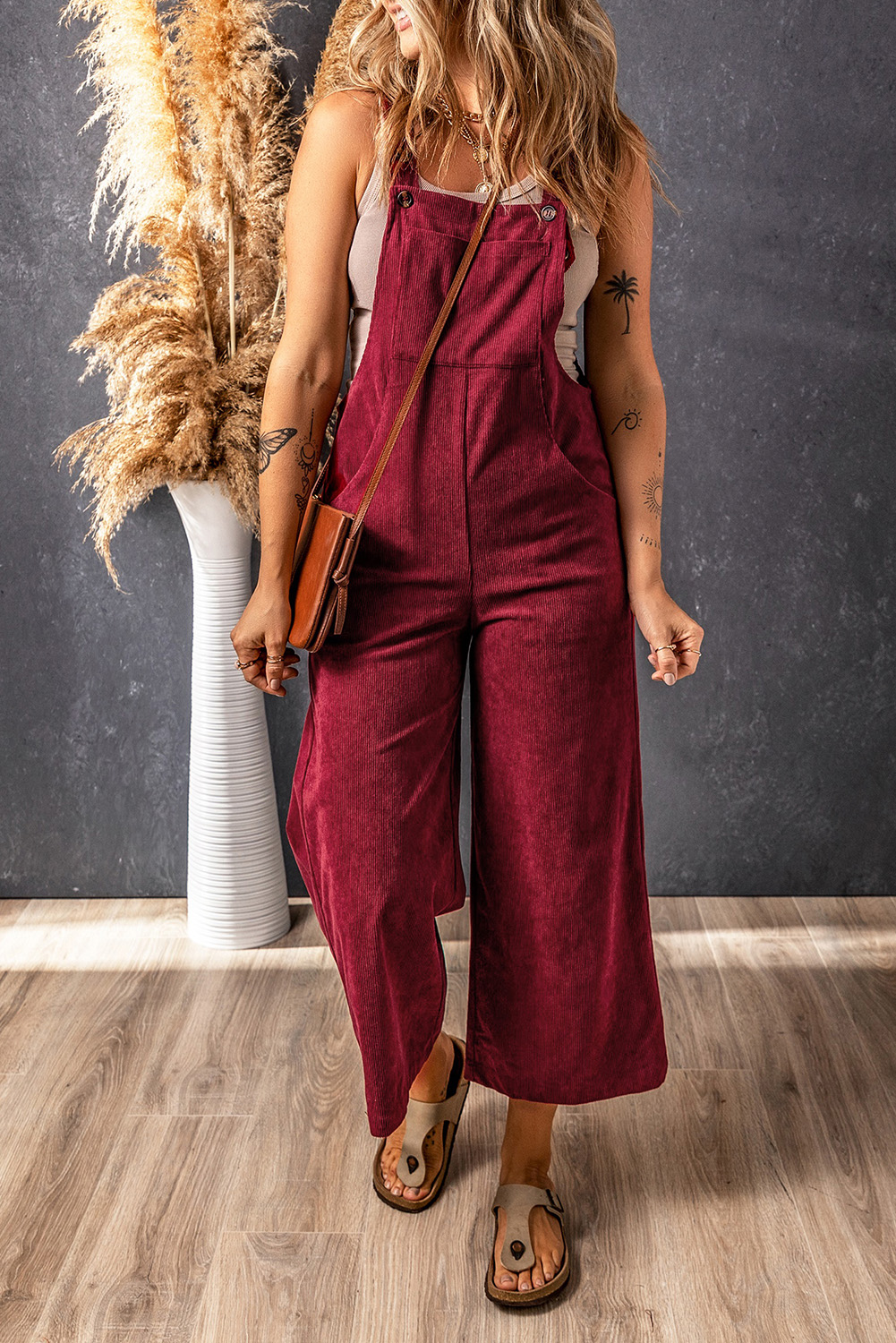 Casual Corduroy Bib Overalls, Adjustable Strap Red Jumpsuit - Detail View 8 Casual Corduroy Bib Overalls, Adjustable Strap Red Jumpsuit - Detail View 8
