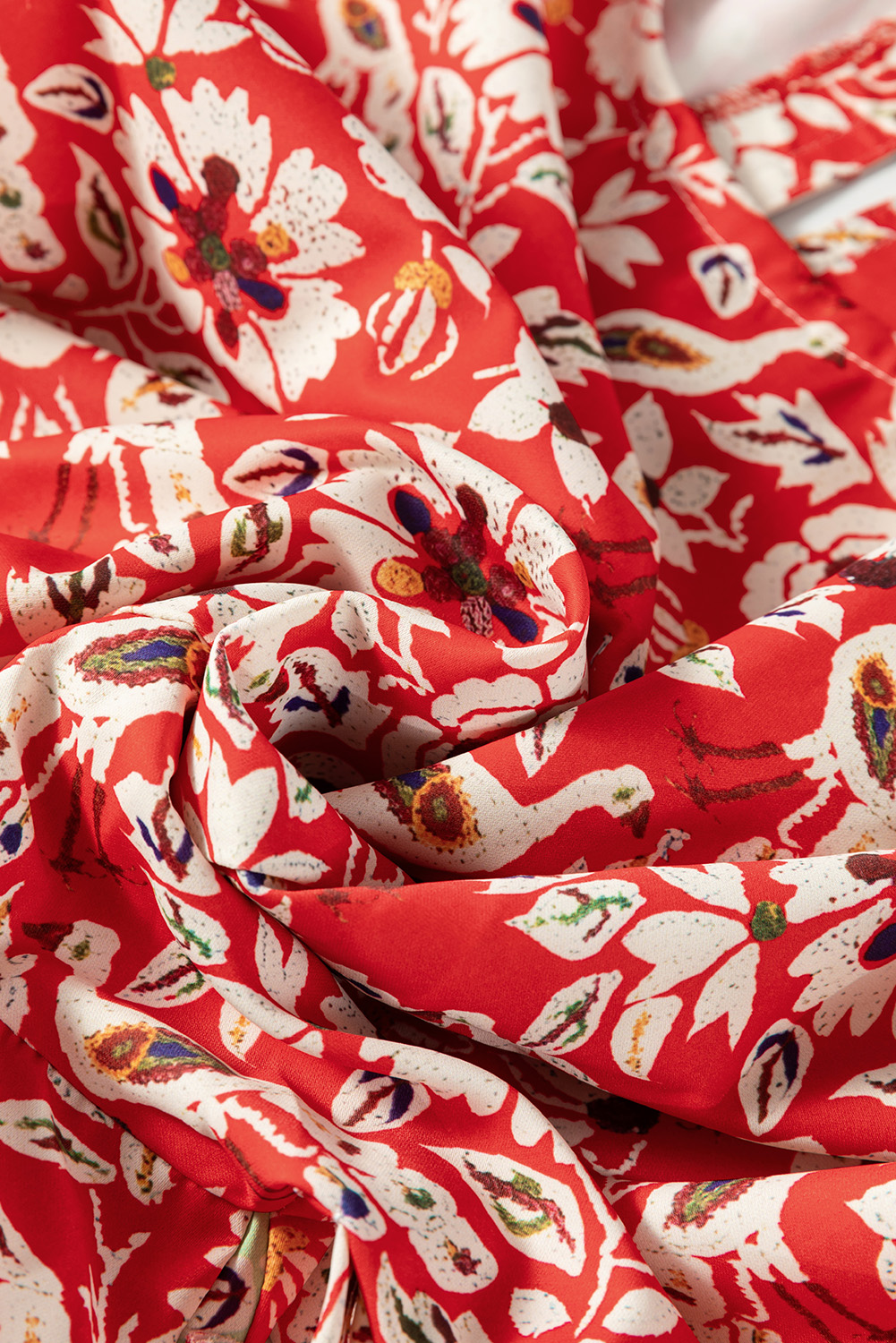Women's Red Colorful Floral Patchwork Long Sleeve Pleated Mini Dress - Detail View 9 Women's Red Colorful Floral Patchwork Long Sleeve Pleated Mini Dress - Detail View 9