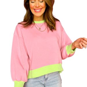 Women's Pink Colorblock Bubble Sleeve Fleece Sweatshirt - Main View