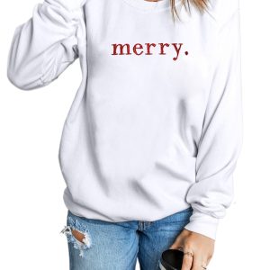 Women's Beige Merry Graphic Embroidered Crew Neck Sweatshirt for the Holidays - Main View