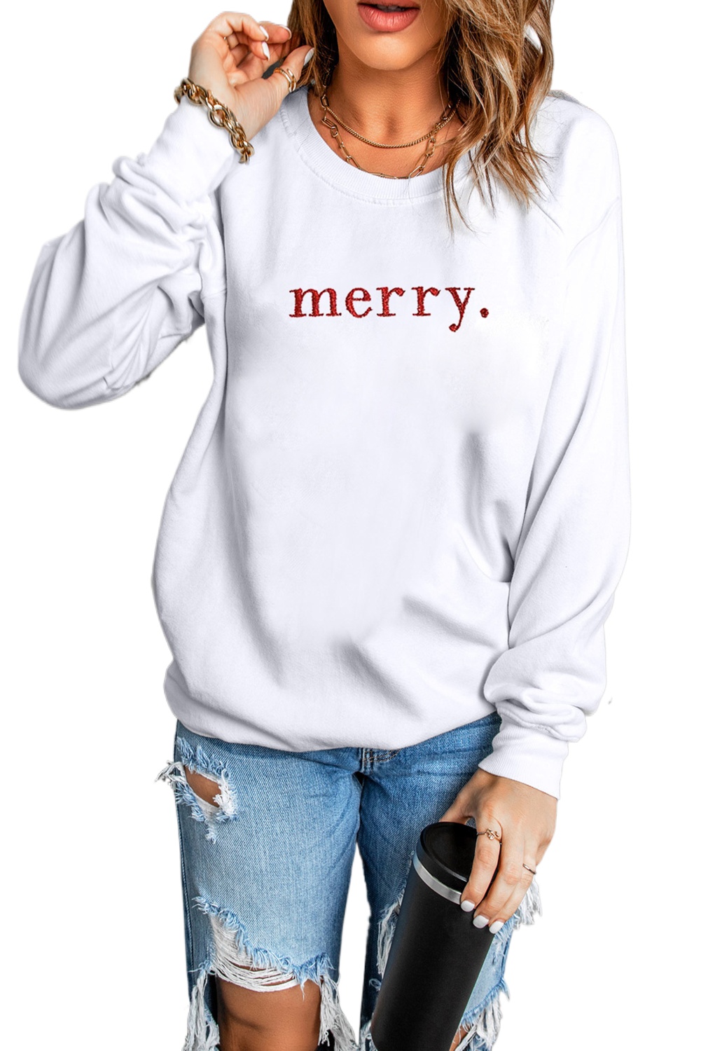 Women's Beige Merry Graphic Embroidered Crew Neck Sweatshirt for the Holidays - Main View Women's Beige Merry Graphic Embroidered Crew Neck Sweatshirt for the Holidays - Main View