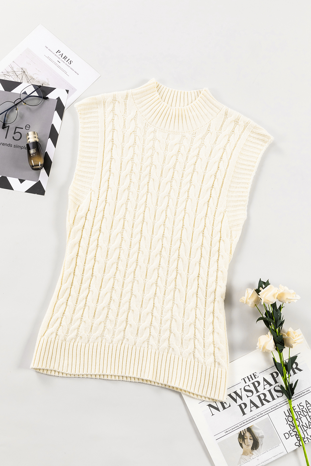Oatmeal Sleeveless Sweater Vest, Casual High Neck Knit Top - Detail View 5 Oatmeal Sleeveless Sweater Vest, Casual High Neck Knit Top - Detail View 5