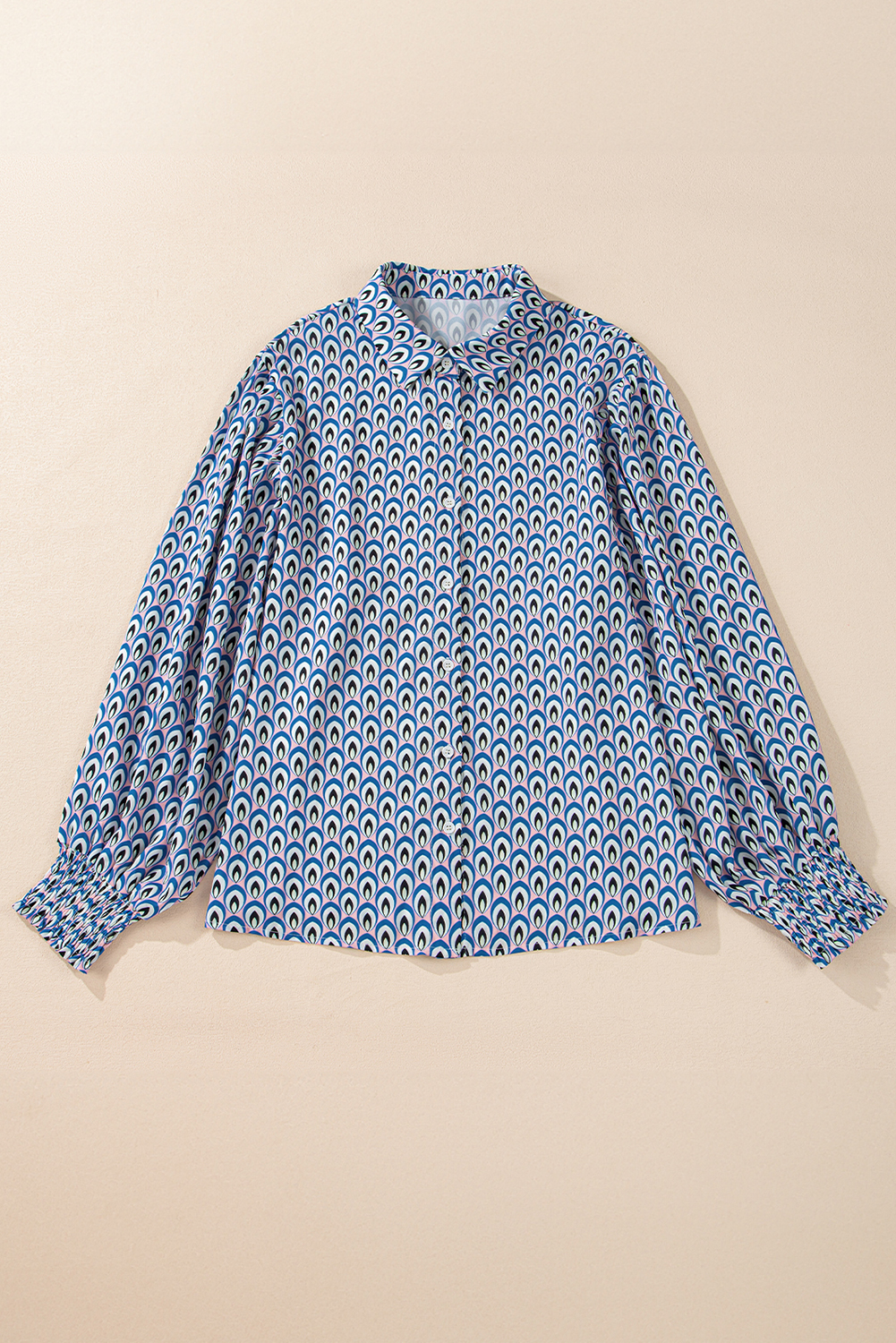 Women's Shirt, Sky Blue, Abstract Print, Oversized, Buttoned, Shirred Cuffs, Long Sleeve, Casual, Daily Wear, Comfortable Fit, Trendy Style, Spring Fashion, Tops, Blouses & Shirts, Relaxed Silhouette - Detail View 4 Women's Shirt, Sky Blue, Abstract Print, Oversized, Buttoned, Shirred Cuffs, Long Sleeve, Casual, Daily Wear, Comfortable Fit, Trendy Style, Spring Fashion, Tops, Blouses & Shirts, Relaxed Silhouette - Detail View 4