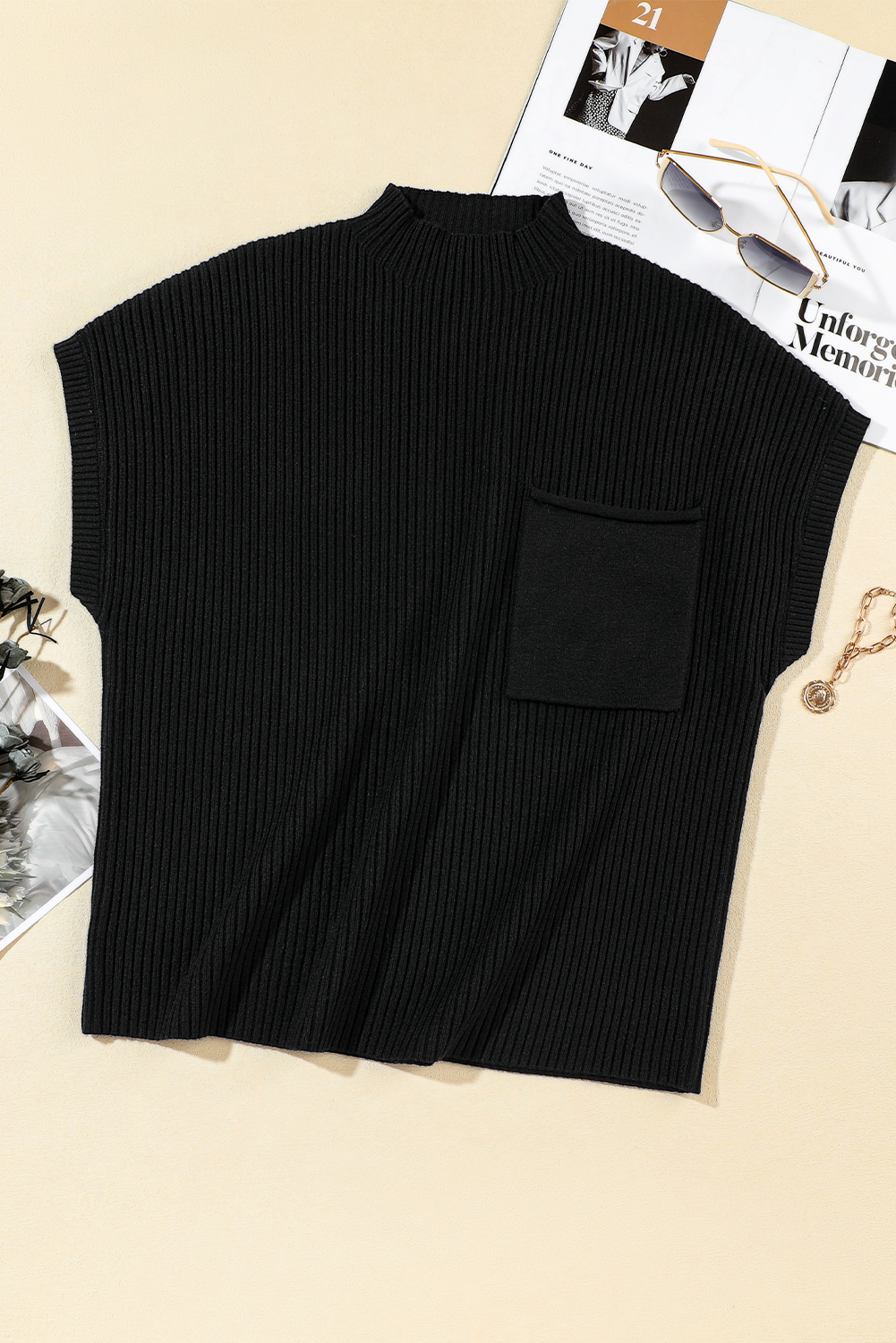 Women's Ribbed Knit Sweater, Short Sleeve High Neck Top - Detail View 7 Women's Ribbed Knit Sweater, Short Sleeve High Neck Top - Detail View 7
