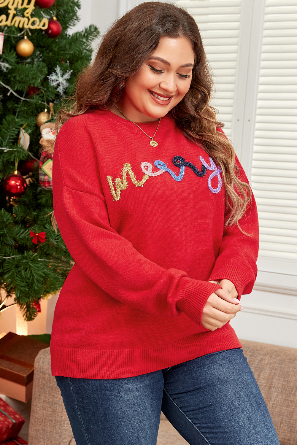 Women's Plus Size Sweater, Fiery Red, Drop Shoulder, Tinsel Merry Pattern, Casual Style, Round Neck, Long Sleeve, Holiday Fashion, Winter Wear, Comfortable, Cozy, Embroidered Detail, Daily Wear, Seasonal Clothing, Christmas Sweater - Detail View 4 Women's Plus Size Sweater, Fiery Red, Drop Shoulder, Tinsel Merry Pattern, Casual Style, Round Neck, Long Sleeve, Holiday Fashion, Winter Wear, Comfortable, Cozy, Embroidered Detail, Daily Wear, Seasonal Clothing, Christmas Sweater - Detail View 4