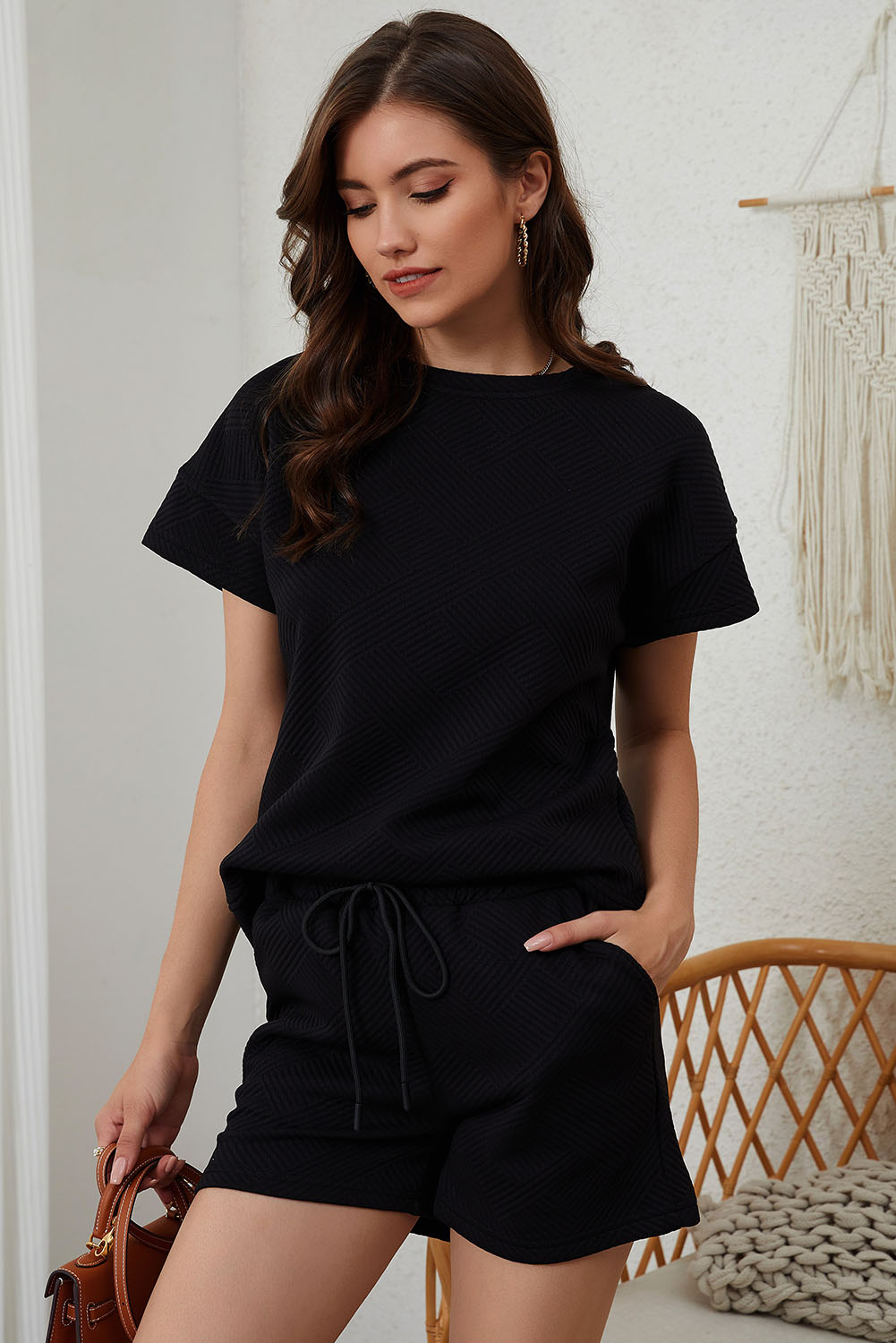 Black Ribbed Short Sleeve Set, High Waisted Drawstring Shorts - Detail View 11 Black Ribbed Short Sleeve Set, High Waisted Drawstring Shorts - Detail View 11