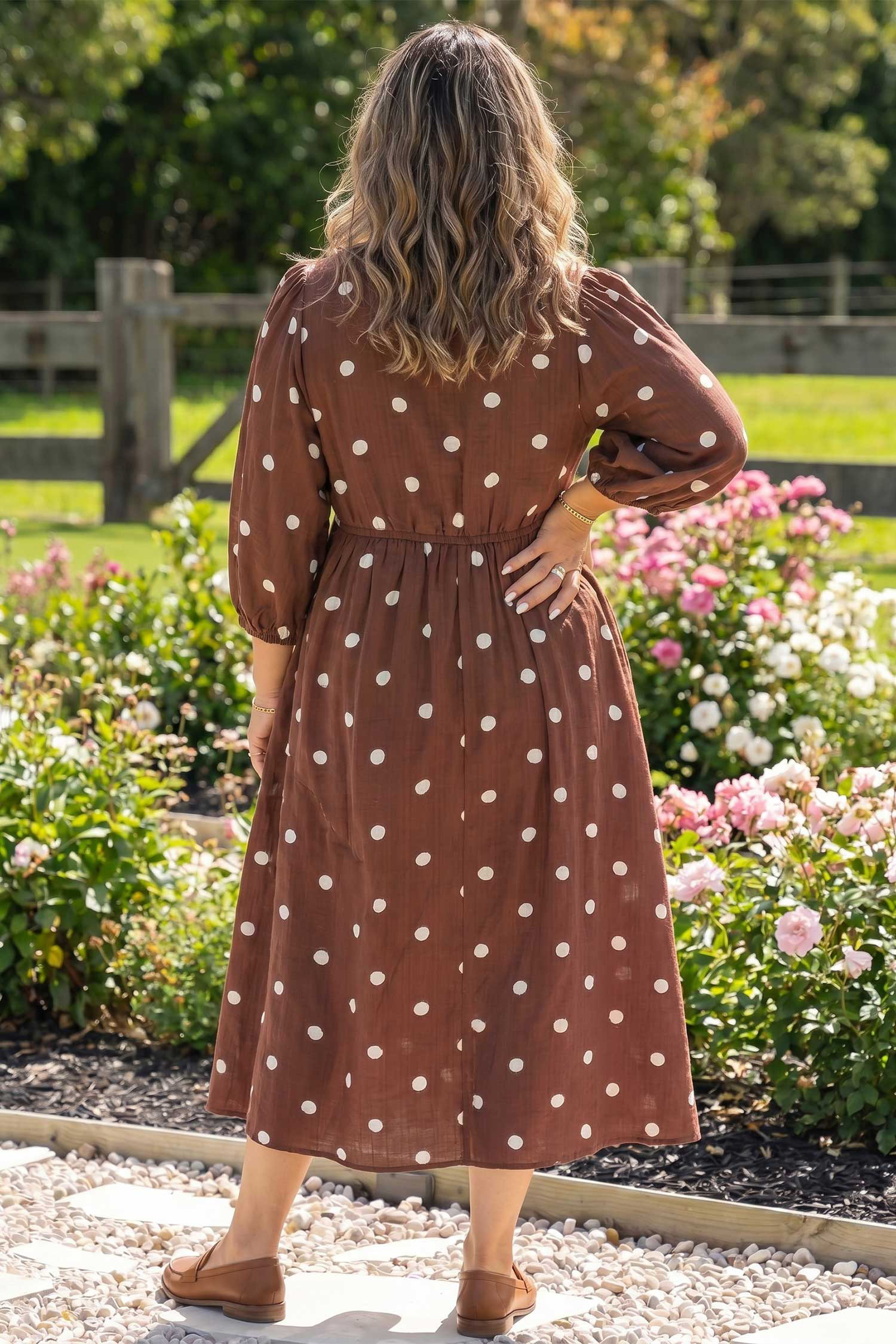 Vintage Style Polka Dot Maxi Dress, Fall Long Sleeve Outfit - Detail View 2 Vintage Style Polka Dot Maxi Dress, Fall Long Sleeve Outfit - Detail View 2