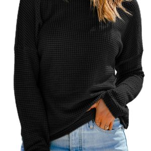 Women's Black Waffle Knit Drop Shoulder Long Sleeve Top - Main View