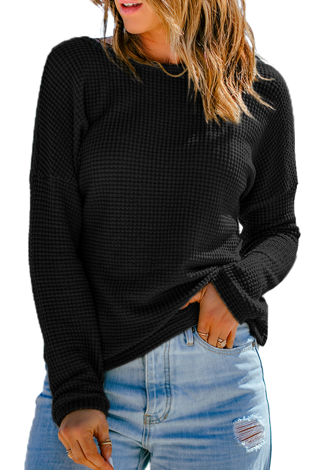 Women's Black Waffle Knit Drop Shoulder Long Sleeve Top - Main View Women's Black Waffle Knit Drop Shoulder Long Sleeve Top - Main View