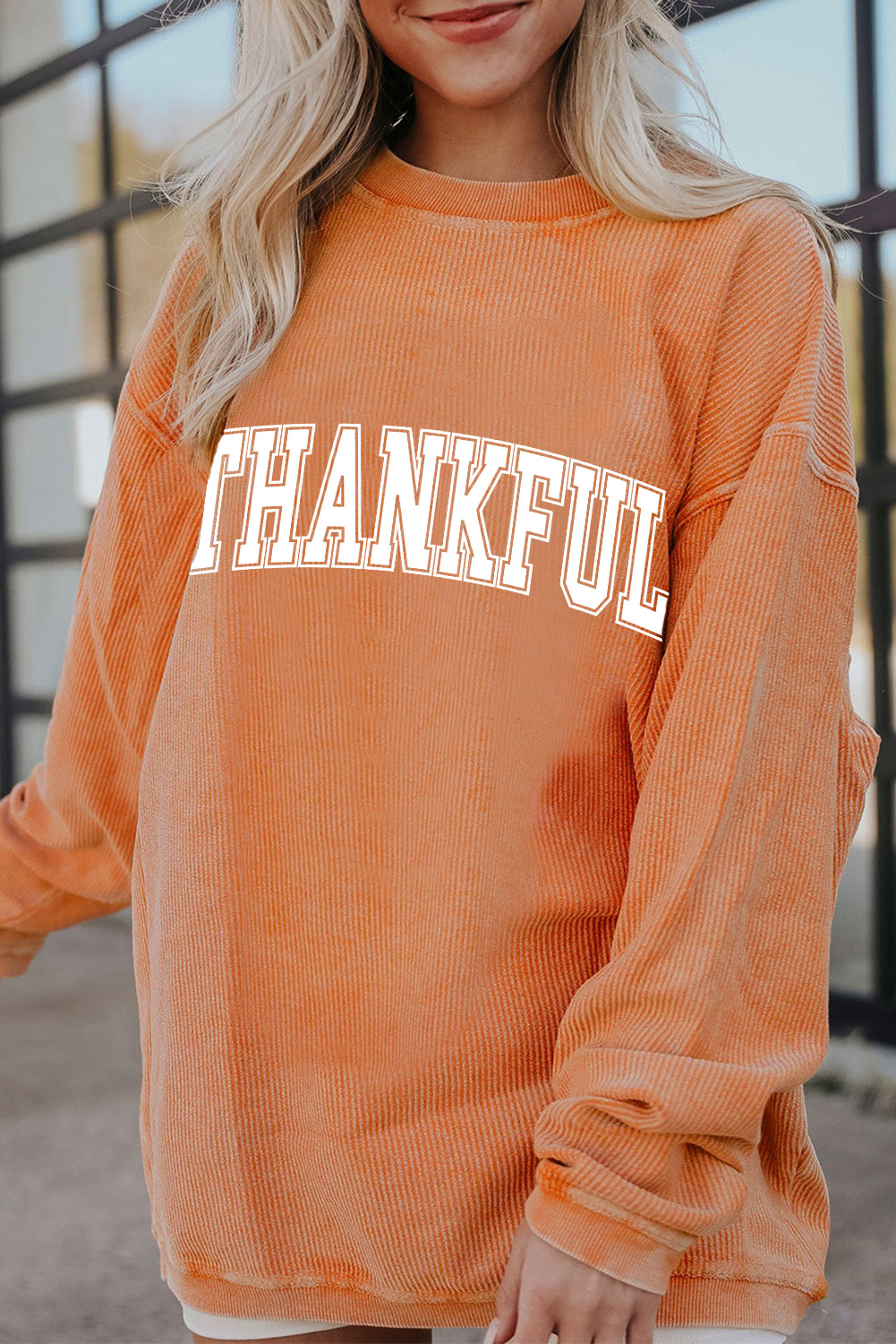 Comfortable and Stylish Winter Pullover Sweatshirt - THANKFUL in Orange Letter Style - Detail View 3 Comfortable and Stylish Winter Pullover Sweatshirt - THANKFUL in Orange Letter Style - Detail View 3