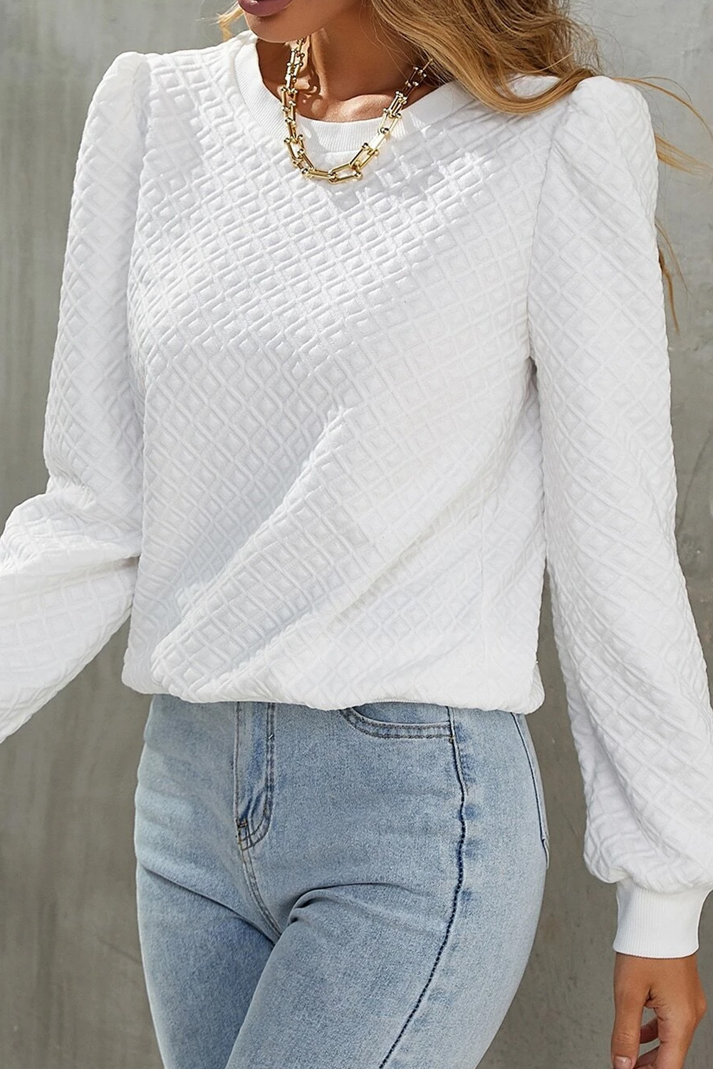 Modern Long Sleeve Blouse with Puff Sleeves - White Textured Fabric - Detail View 7 Modern Long Sleeve Blouse with Puff Sleeves - White Textured Fabric - Detail View 7
