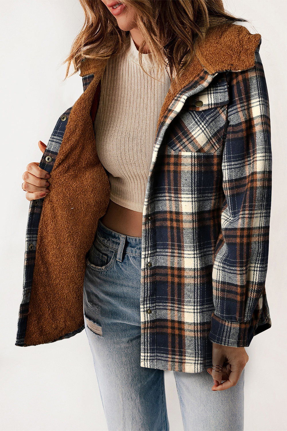 Women's Plaid Sherpa Shacket, Hooded Button Down Jacket - Detail View 4 Women's Plaid Sherpa Shacket, Hooded Button Down Jacket - Detail View 4