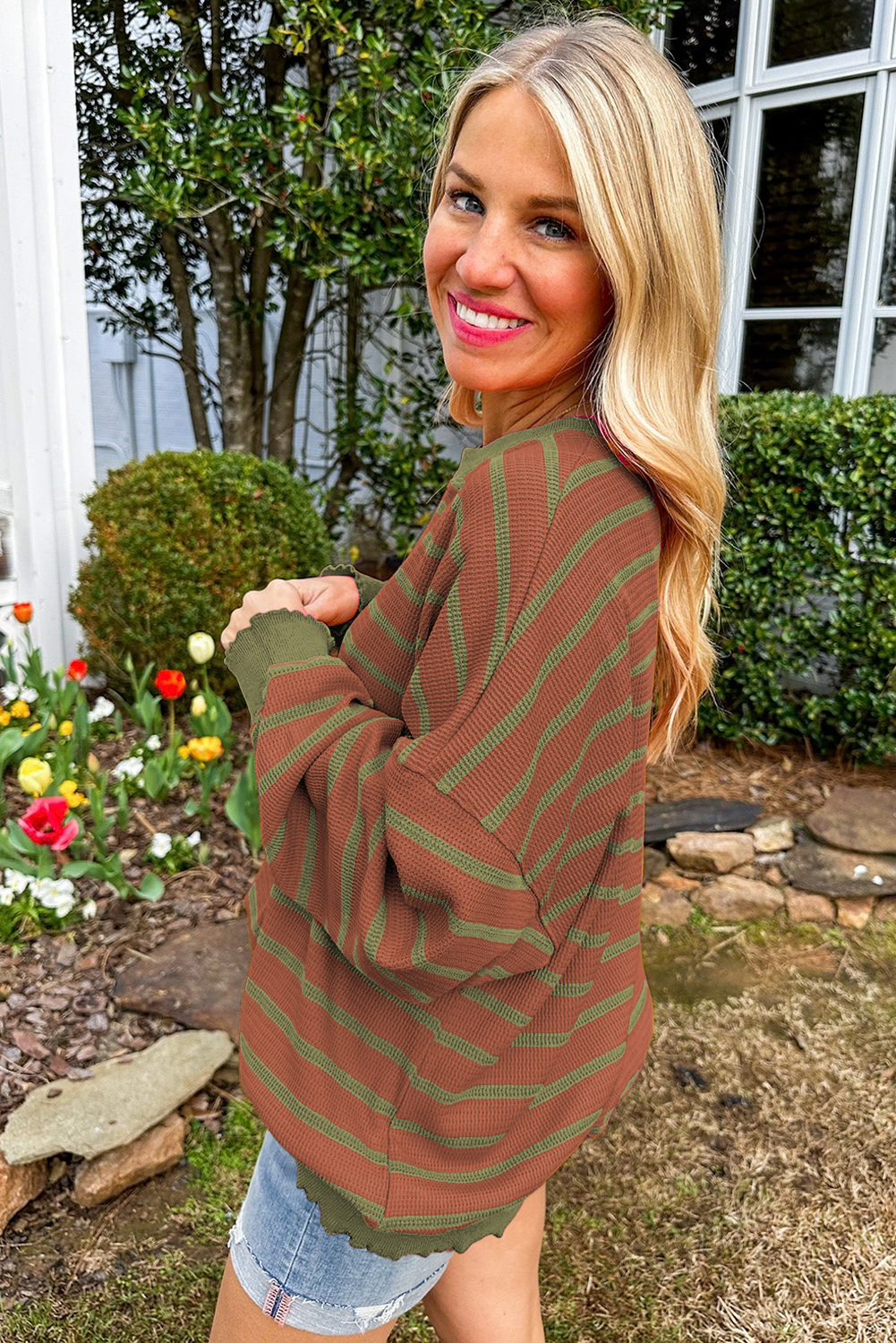 Casual and Cozy Women's Sweater - Brown Stripe with Round Neck and Drop Shoulder - Detail View 2 Casual and Cozy Women's Sweater - Brown Stripe with Round Neck and Drop Shoulder - Detail View 2