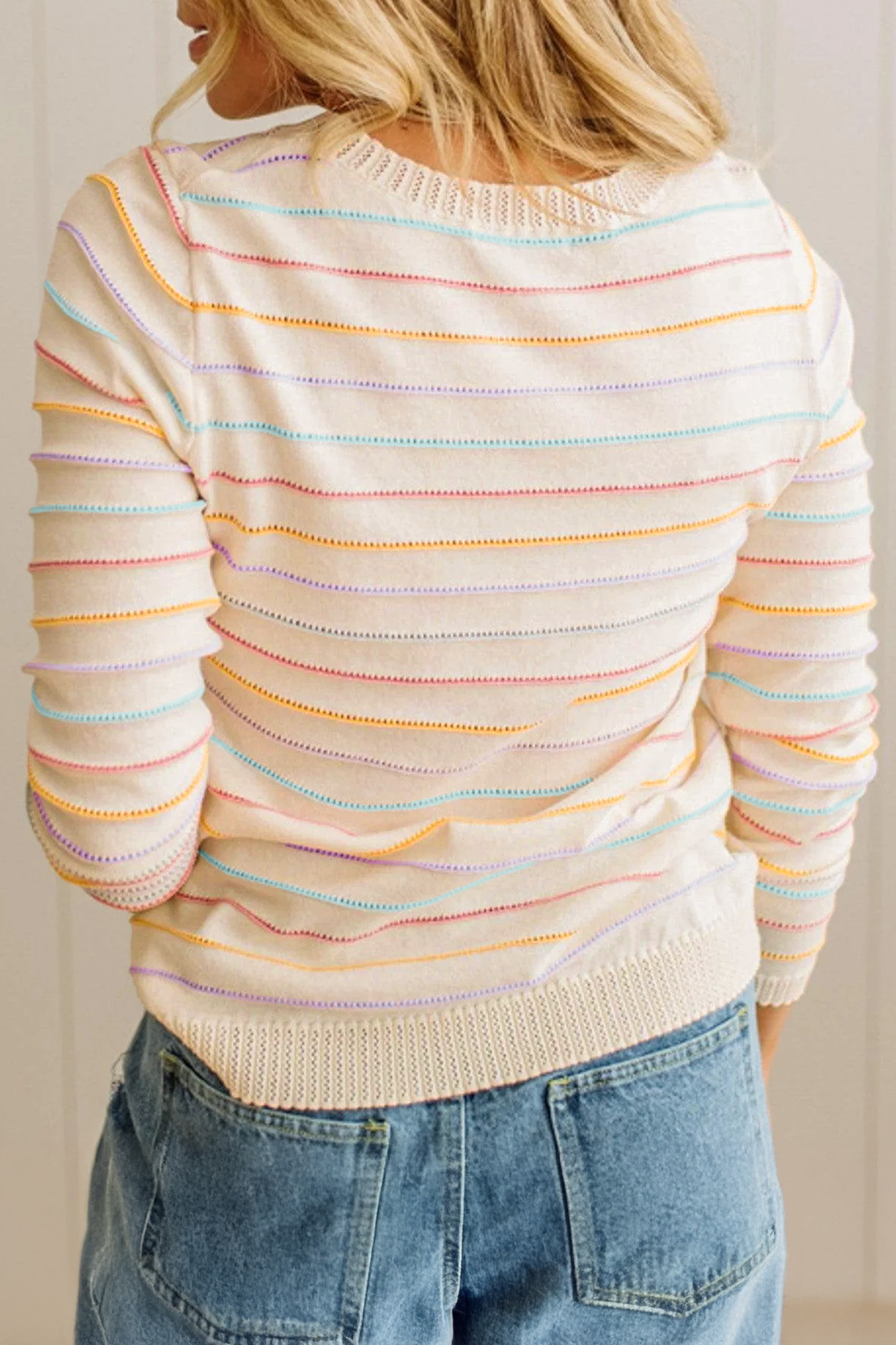 Colorful Stripe Crew Neck Sweater, Chic Autumn Pullover - Detail View 5 Colorful Stripe Crew Neck Sweater, Chic Autumn Pullover - Detail View 5