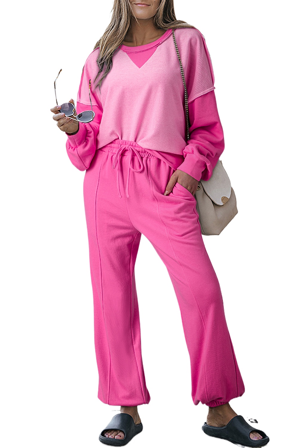 Women's Bonbon Contrast Patchwork Pullover and Drawstring Joggers Set - Main View Women's Bonbon Contrast Patchwork Pullover and Drawstring Joggers Set - Main View