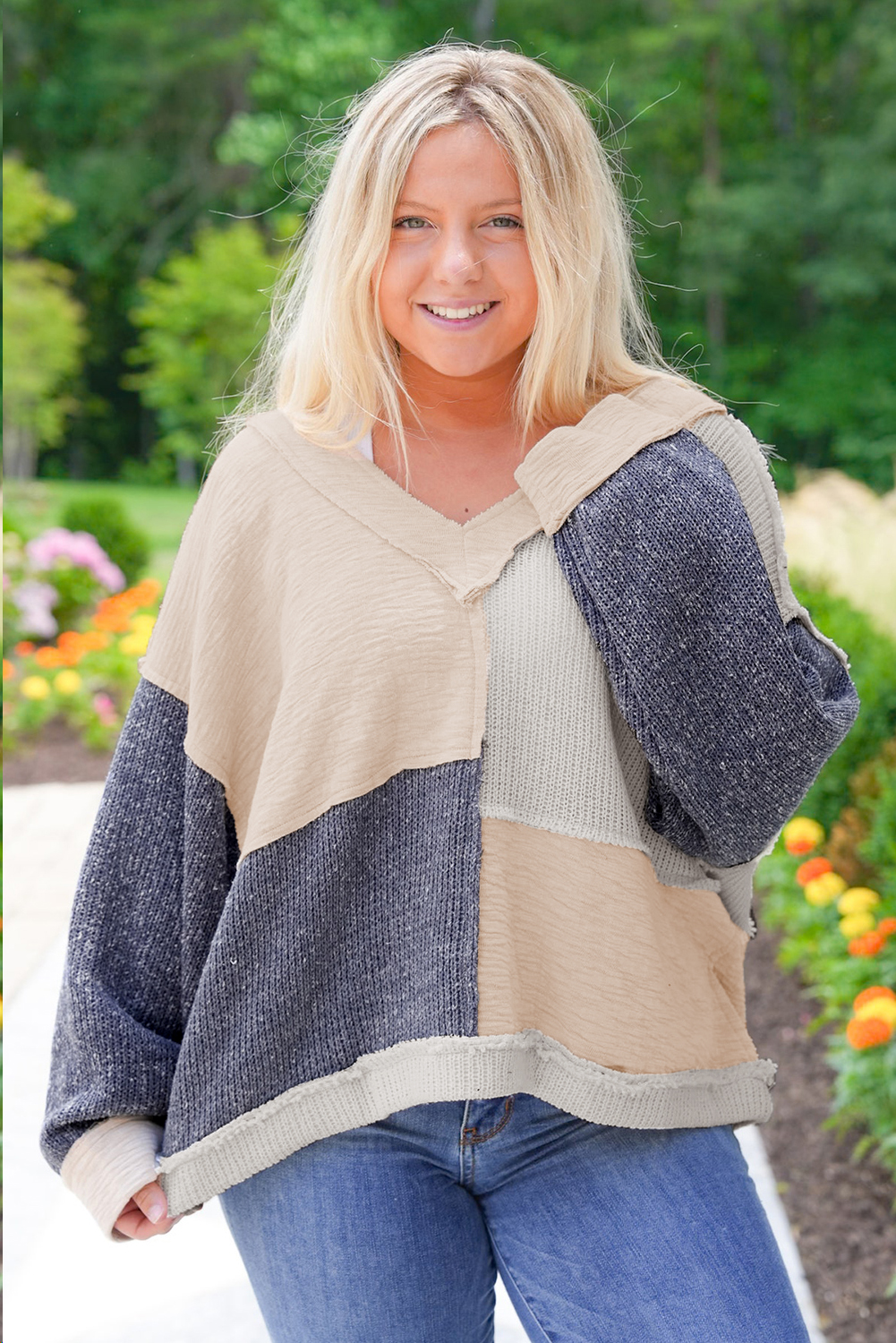 Plus Size Top, Ashleigh Blue, Long Sleeve, Textured, Colorblock, V Neck, Casual, Daily Wear, Patchwork, Relaxed Fit, Drop Shoulders, Chic Style, Comfortable, Fashionable, Fall & Autumn, Plus Size Clothing, Women's Tops - Detail View 4 Plus Size Top, Ashleigh Blue, Long Sleeve, Textured, Colorblock, V Neck, Casual, Daily Wear, Patchwork, Relaxed Fit, Drop Shoulders, Chic Style, Comfortable, Fashionable, Fall & Autumn, Plus Size Clothing, Women's Tops - Detail View 4