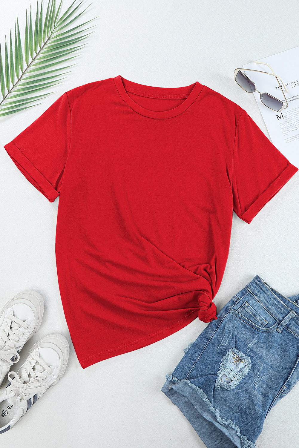 Women's Red Crew Neck Tee, Casual Short Sleeve Summer Top - Detail View 7 Women's Red Crew Neck Tee, Casual Short Sleeve Summer Top - Detail View 7