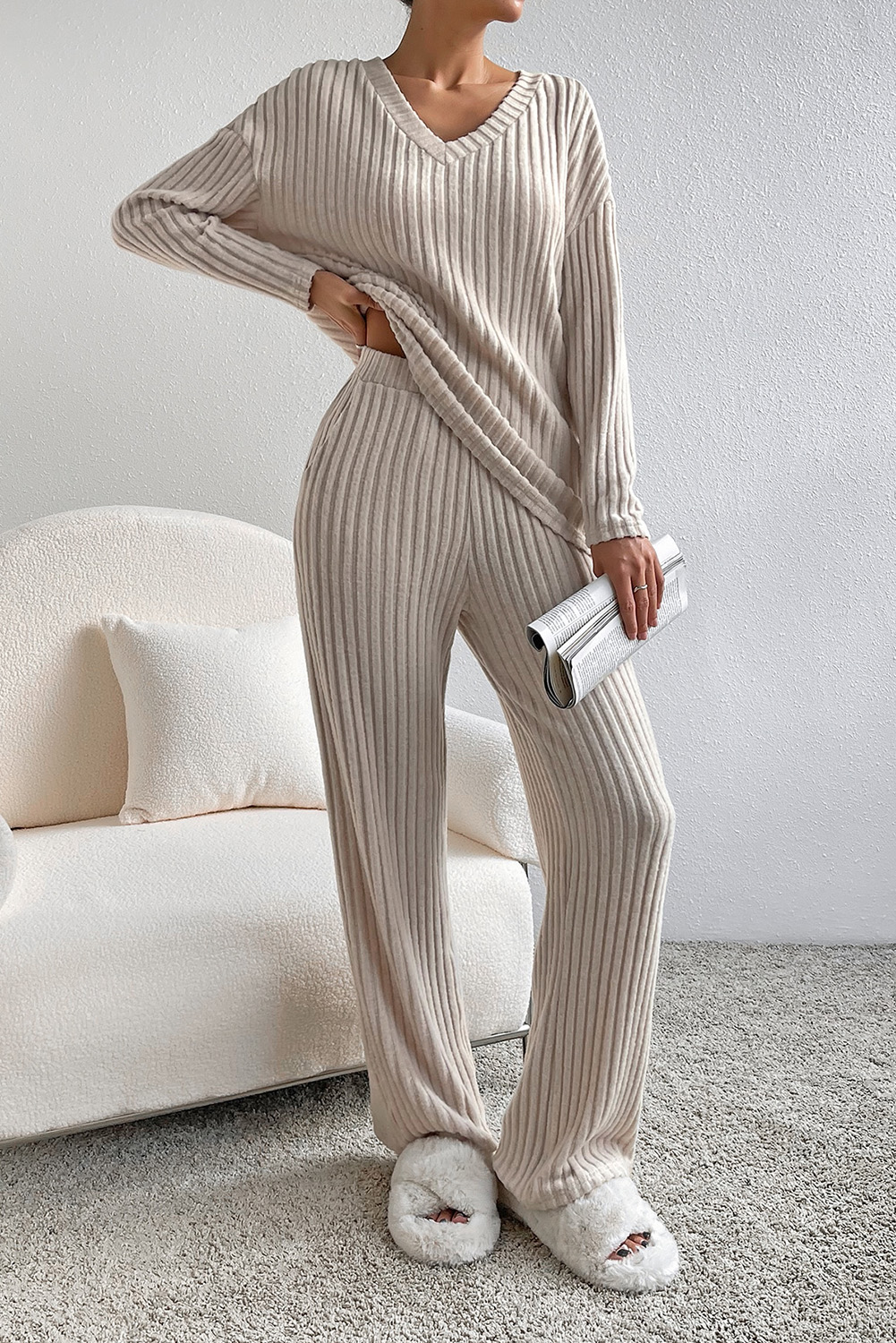Two Piece Ribbed Knit Outfit, Slouchy Long Sleeve Casual Set - Detail View 2 Two Piece Ribbed Knit Outfit, Slouchy Long Sleeve Casual Set - Detail View 2