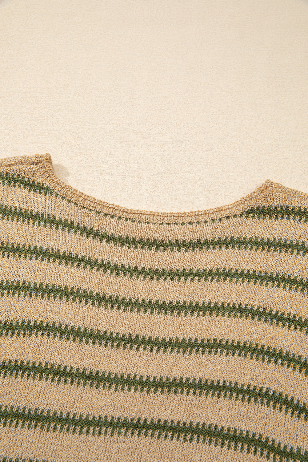 Relaxed Fit Khaki and White Striped Sweater with Drop Shoulder Design - Detail View 10 Relaxed Fit Khaki and White Striped Sweater with Drop Shoulder Design - Detail View 10