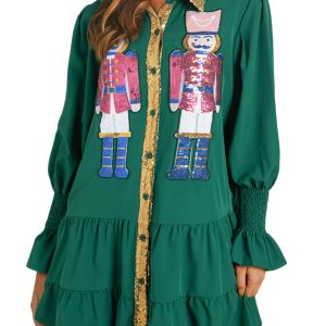 Women's Evergreen Christmas Sequin Nutcracker Collared Mini Dress with Ruffled Long Sleeves - Main View