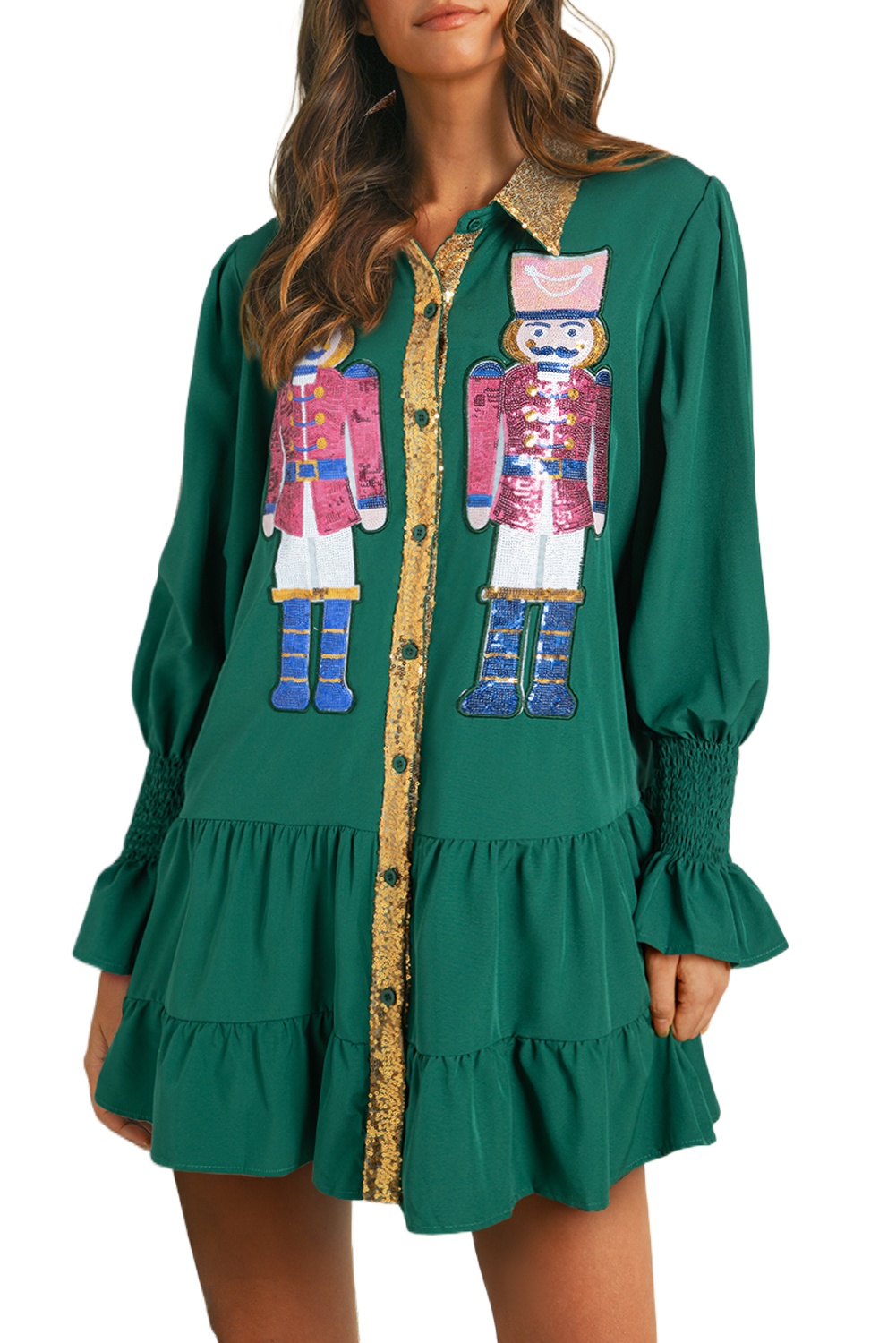 Women's Evergreen Christmas Sequin Nutcracker Collared Mini Dress with Ruffled Long Sleeves - Main View Women's Evergreen Christmas Sequin Nutcracker Collared Mini Dress with Ruffled Long Sleeves - Main View