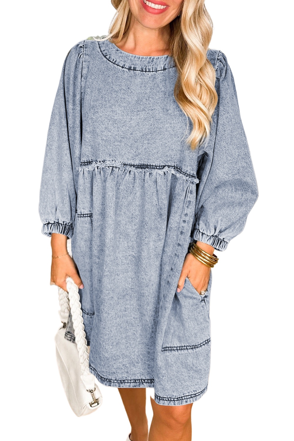 Women's Beau Blue High Waist Loose Fit Denim Mini Dress - Main View Women's Beau Blue High Waist Loose Fit Denim Mini Dress - Main View