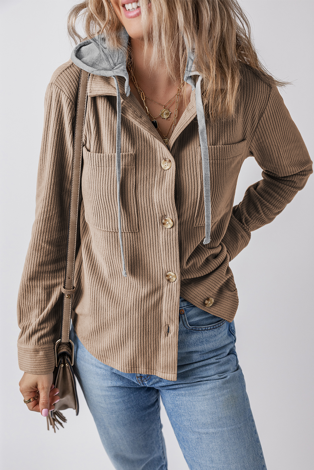 Stylish Hooded Long Sleeve Shacket with Drawstring Details - Detail View 3 Stylish Hooded Long Sleeve Shacket with Drawstring Details - Detail View 3