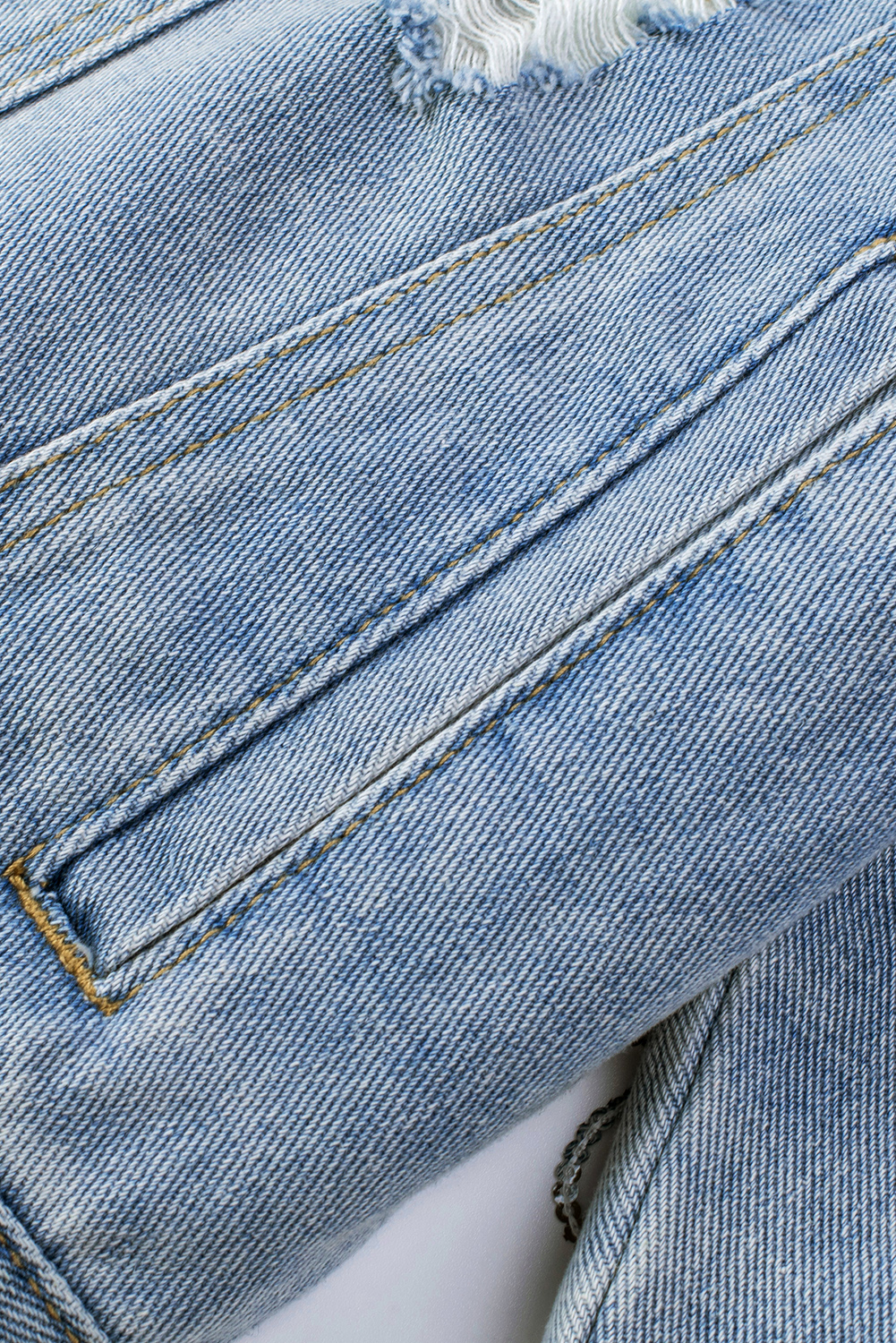 Women's Sequin Fringe Denim Jacket, Distressed Light Blue Coat - Detail View 16 Women's Sequin Fringe Denim Jacket, Distressed Light Blue Coat - Detail View 16