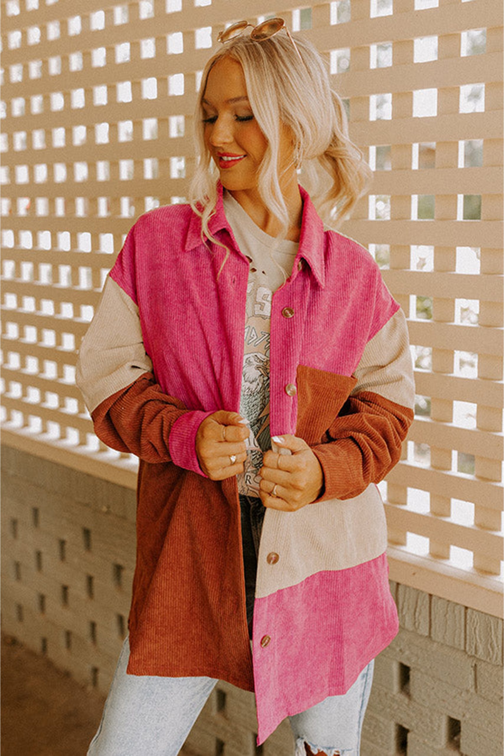 Versatile Winter Outerwear: Women's Corduroy Shacket in Rose Red - Detail View 3 Versatile Winter Outerwear: Women's Corduroy Shacket in Rose Red - Detail View 3